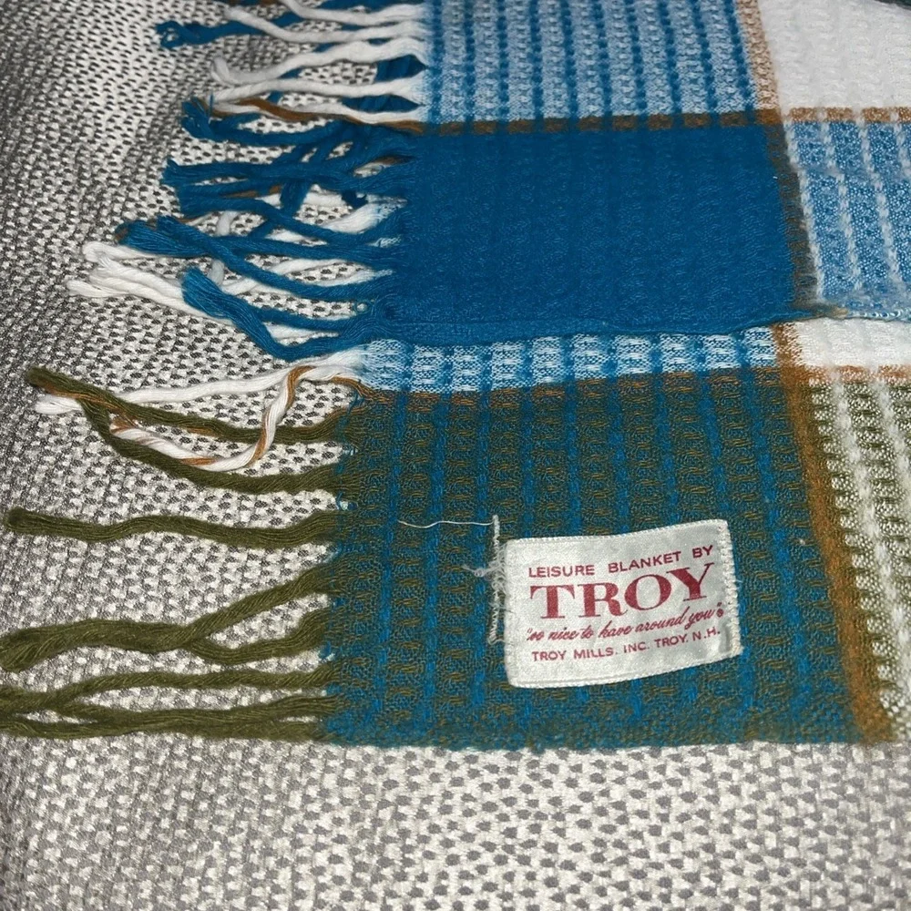 Vintage 1960's Troy Wool Blend Plaid Leisure Blanket Troy Mills Blue Green 70x54